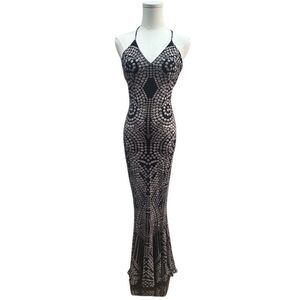 NWOT Norma Kamali XS Black Studded Print Mermaid Fishtail Slip Gown